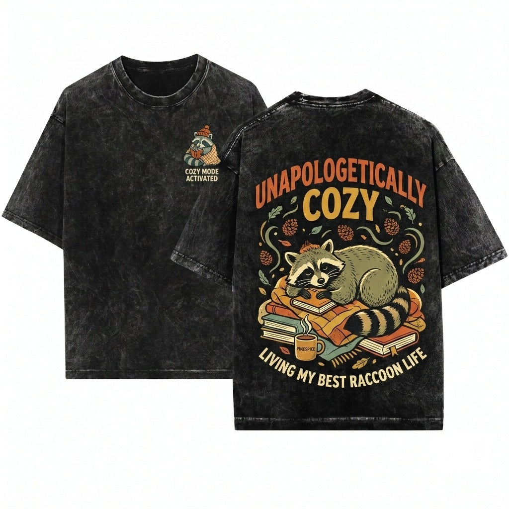 Pumpkin Raccoon Embroidered Oversized Garment Dyed Top Unisex Wash T-Shirt