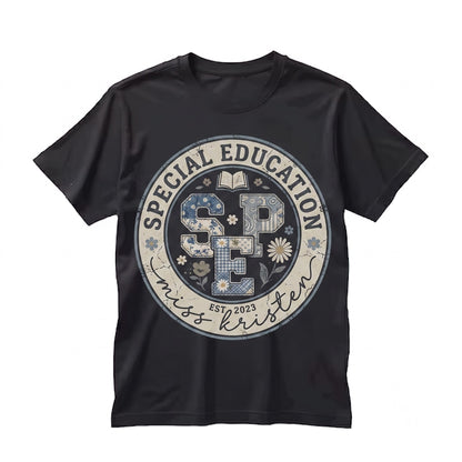 Special Education Teacher SPED Educator Floral Faux Patchwork Autism Matching Group Team Back To School Unisex TShirt