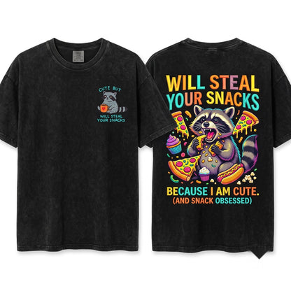 Cute Embroidered Raccoon Stealing Snacks Funny Feral Unhinged Goblin Gift Unisex Wash T-Shirt