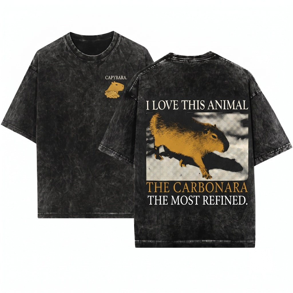 Funny Carbonara Capybara Cute Animal Foodie Graphic Cotton Short Sleeve Unisex Wash T-Shirt