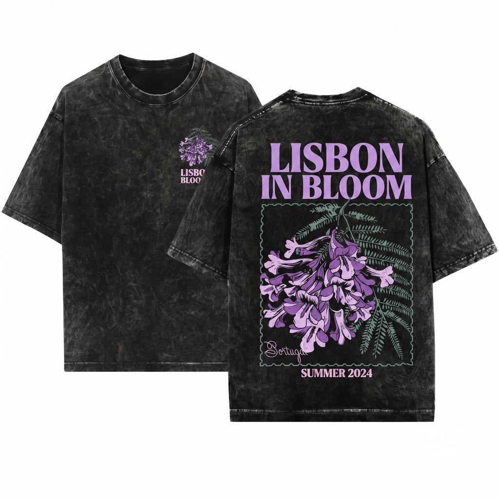 Portugal Floral Vintage Travel Jacaranda Botanical Graphic Unisex Wash T-Shirt
