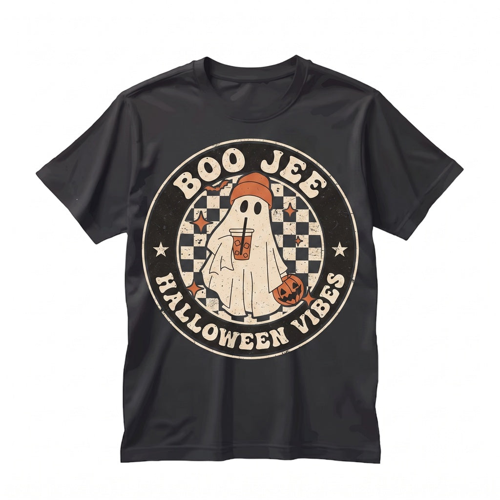 Boo-Jee Ghost Checkered Retro Halloween Fall Iced Coffee Drink Graphic Apparel Unisex TShirt