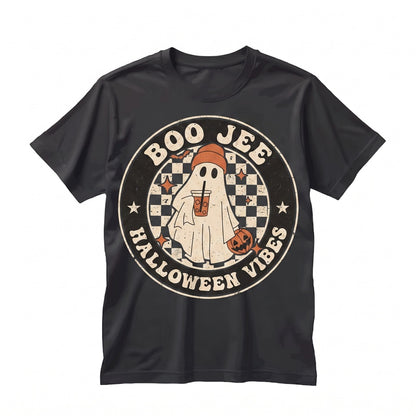 Boo-Jee Ghost Checkered Retro Halloween Fall Iced Coffee Drink Graphic Apparel Unisex TShirt