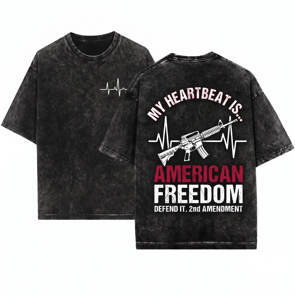Gun Heartbeat Firearm Lover Second Amendment Patriotic USA Freedom Hunting Shooter Dad Gift Graphic Apparel Unisex Wash T-Shirt