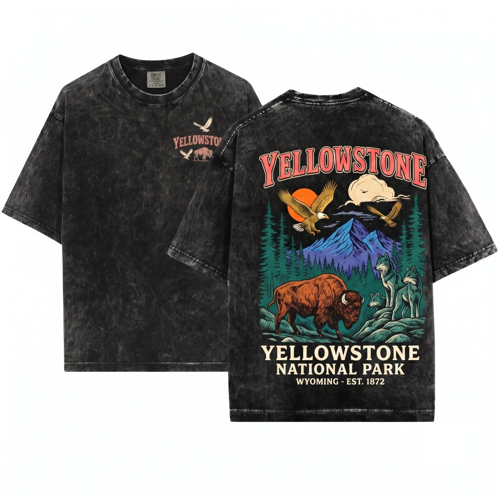 Yellowstone National Park Vintage 90s Wildlife Graphic Bison Wolves Eagles Hiking Nature Unisex Wash T-Shirt