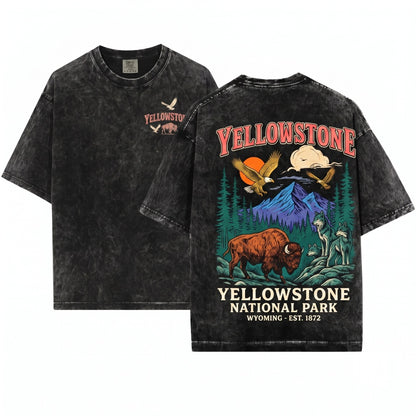 Yellowstone National Park Vintage 90s Wildlife Graphic Bison Wolves Eagles Hiking Nature Unisex Wash T-Shirt