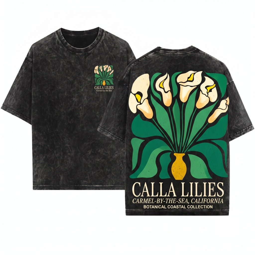 Carmel California Calla Lilies Coastal Vintage Botanical Nature Art Unisex Wash T-Shirt