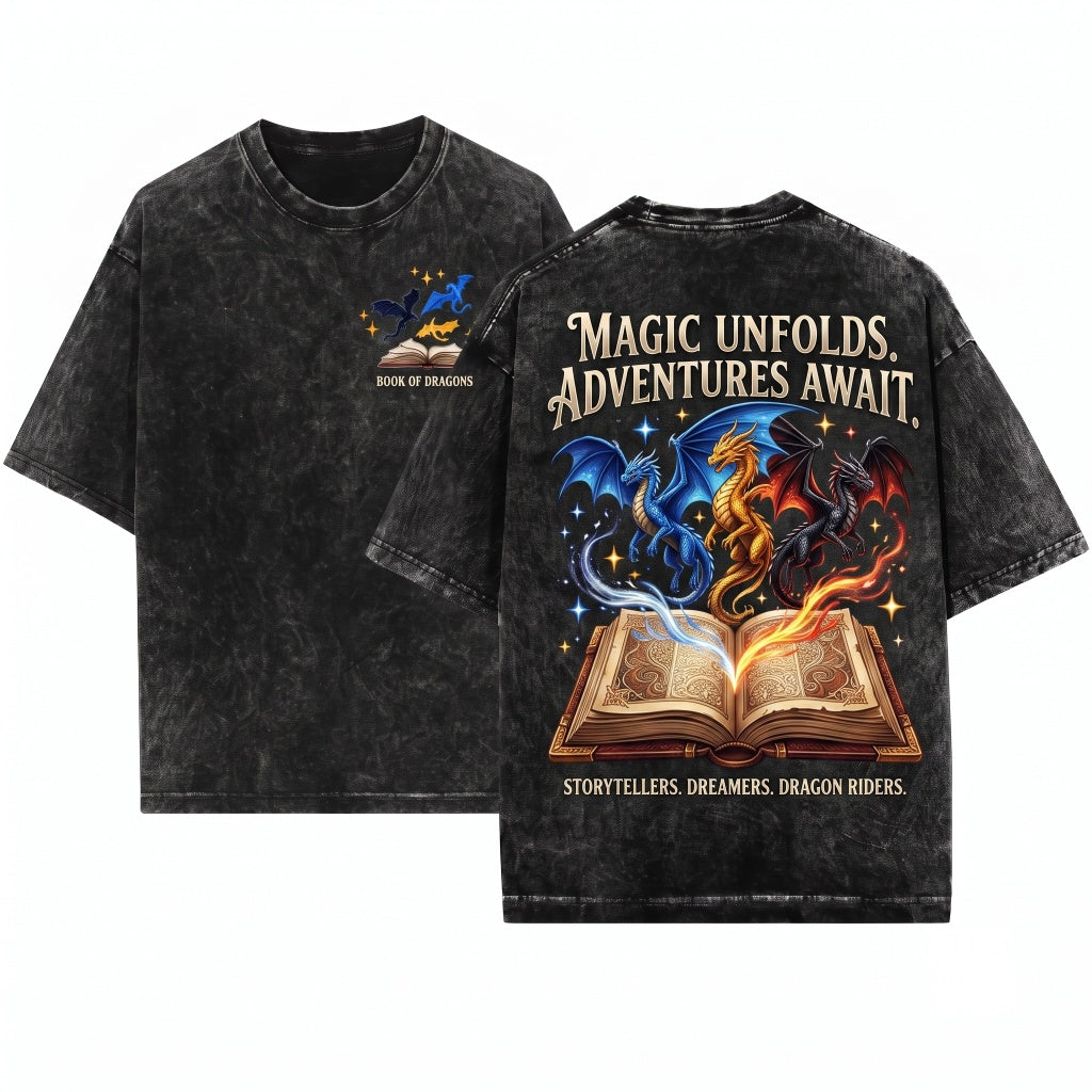 Embroidered Fantasy Dragons And Book Pages Unisex Wash T-Shirt