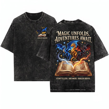 Embroidered Fantasy Dragons And Book Pages Unisex Wash T-Shirt