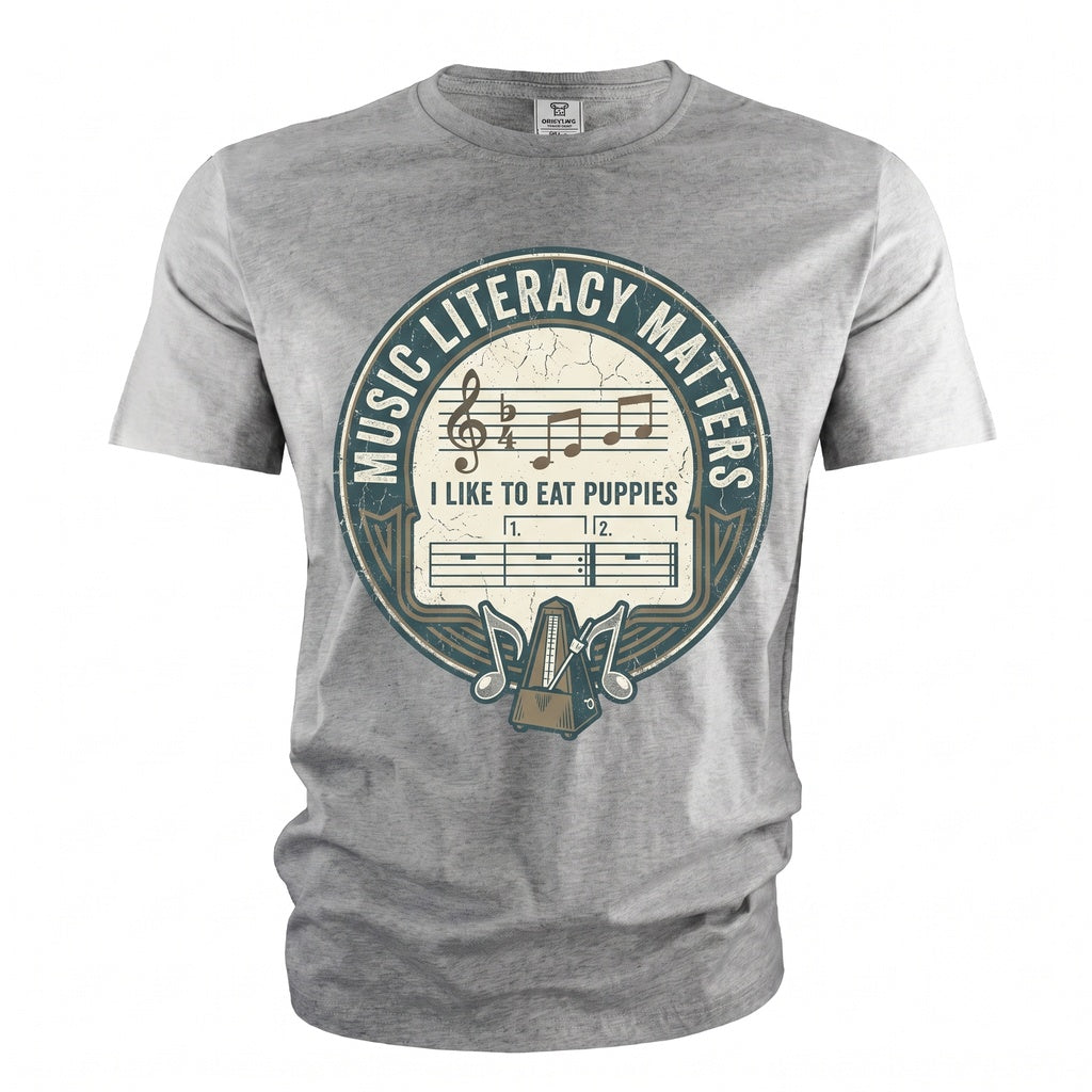 Music Literacy Matters I Like To Eat Puppies Graphic Top Gift For Musician Teacher Trendy Band Cotton Apparel Unisex TShirt