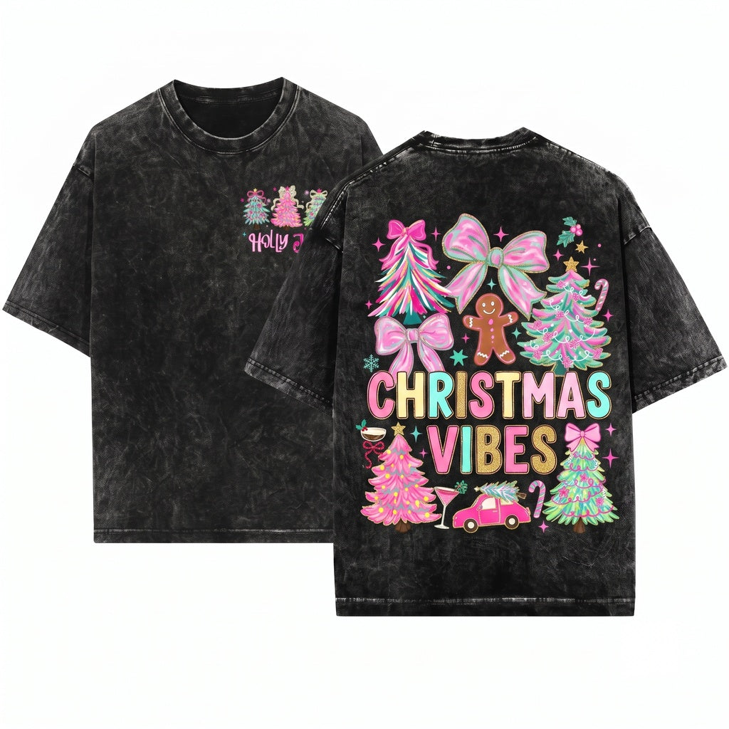 Pink Blue Preppy Christmas Tree Floral Coquette Merry Bright Doodles Holiday Graphic Unisex Wash T-Shirt