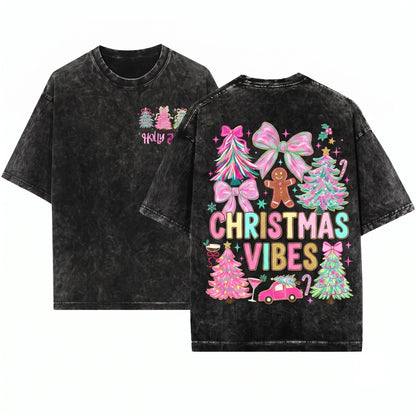 Pink Blue Preppy Christmas Tree Floral Coquette Merry Bright Doodles Holiday Graphic Unisex Wash T-Shirt