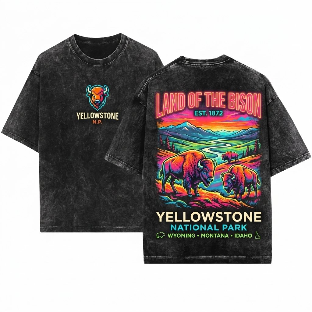 Yellowstone National Park Vintage Bison Graphic Retro Nature Souvenir Outdoor Unisex Wash T-Shirt