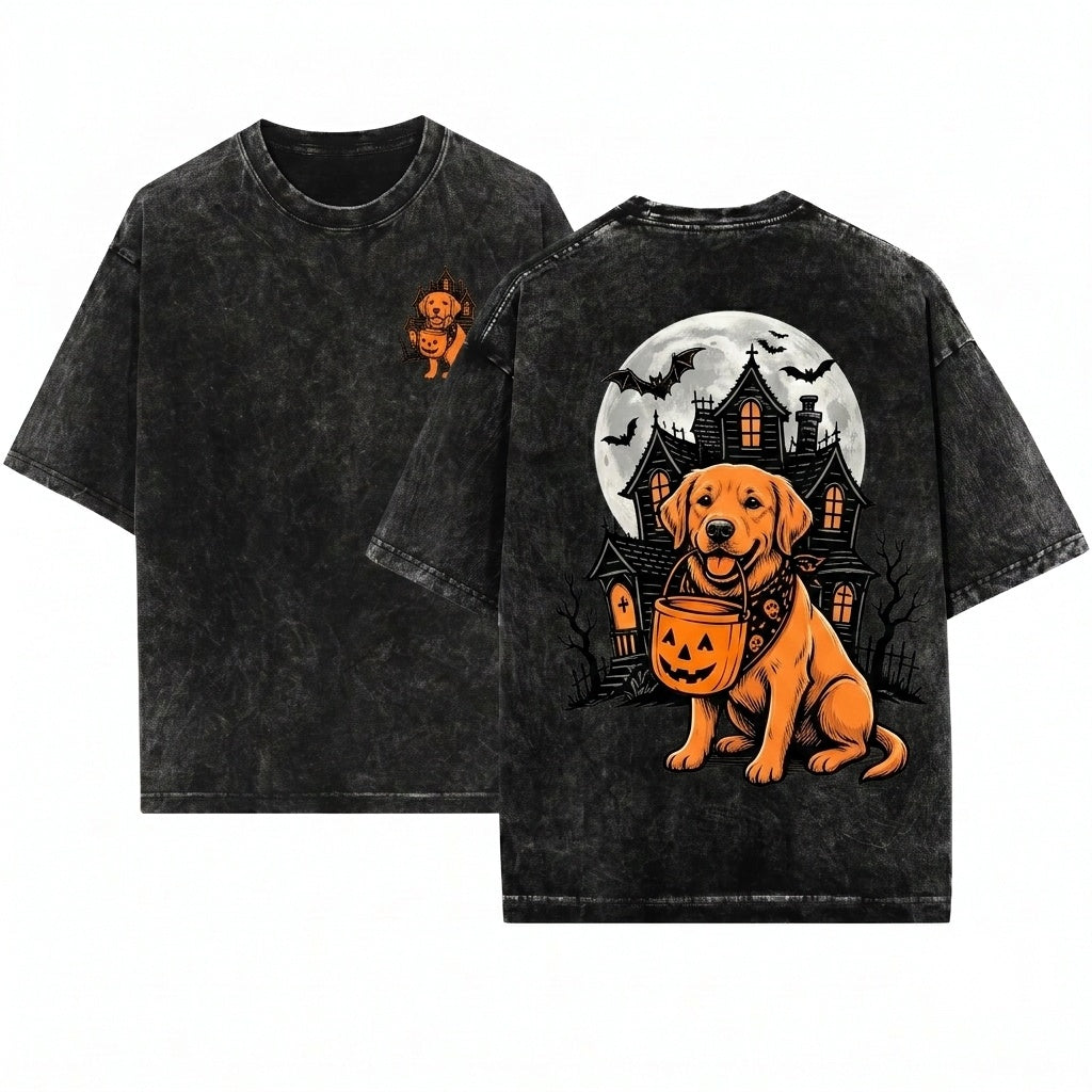 Personalized Dog Breeds Halloween Pumpkin Candy Bucket Trick Treat Pet Lover Costume Unisex Wash T-Shirt