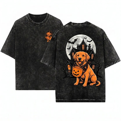 Personalized Dog Breeds Halloween Pumpkin Candy Bucket Trick Treat Pet Lover Costume Unisex Wash T-Shirt