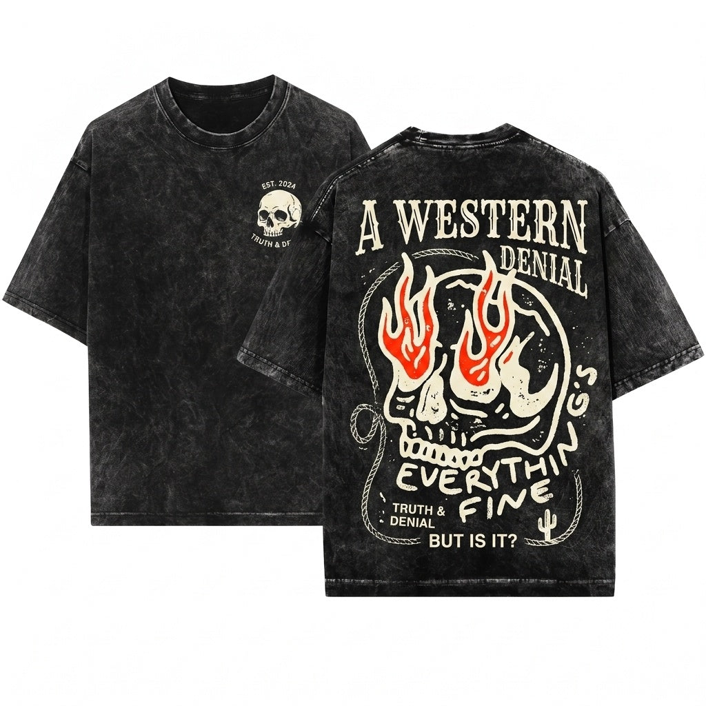 Everything Fine Cropped Boxy Top Retro Grunge Skull Fire Boho Hippie Festival Unisex Wash T-Shirt