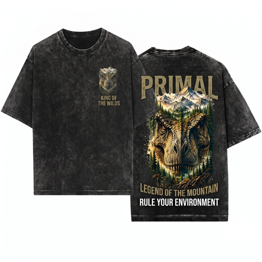 Vintage T-Rex Mountain Forest Graphic Prehistoric Dinosaur Rugged Wilderness Nature Top Dino Lover Gift Unisex Wash T-Shirt