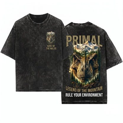 Vintage T-Rex Mountain Forest Graphic Prehistoric Dinosaur Rugged Wilderness Nature Top Dino Lover Gift Unisex Wash T-Shirt
