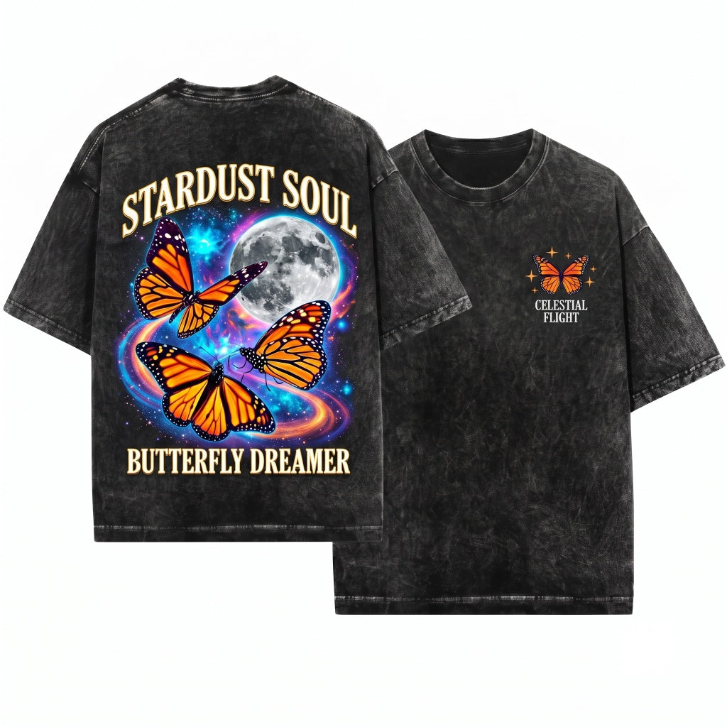 Three Monarch Butterfly Moon Galaxy Insect Nature Lover Cute Cozy Gift Unisex Wash T-Shirt