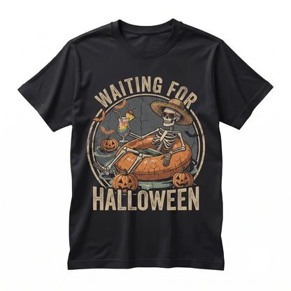 Skeleton Halloween Beach Spooky Summer Vacation Pumpkin Cocktail Drink Graphic Apparel Unisex TShirt