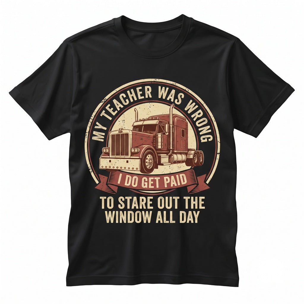 My Teacher Was Wrong I Get Paid to Stare Out the Window Funny Trucker Semi Driver Big Rig Graphic Mens Apparel Unisex TShirt