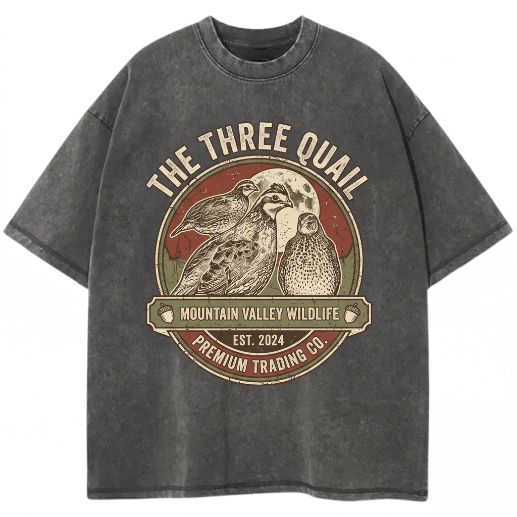 Three Bobwhite Quail Moon Game Bird Vintage Wash Retro Galaxy Graphic Top, Nature Lover Pet Owner Unisex TShirt