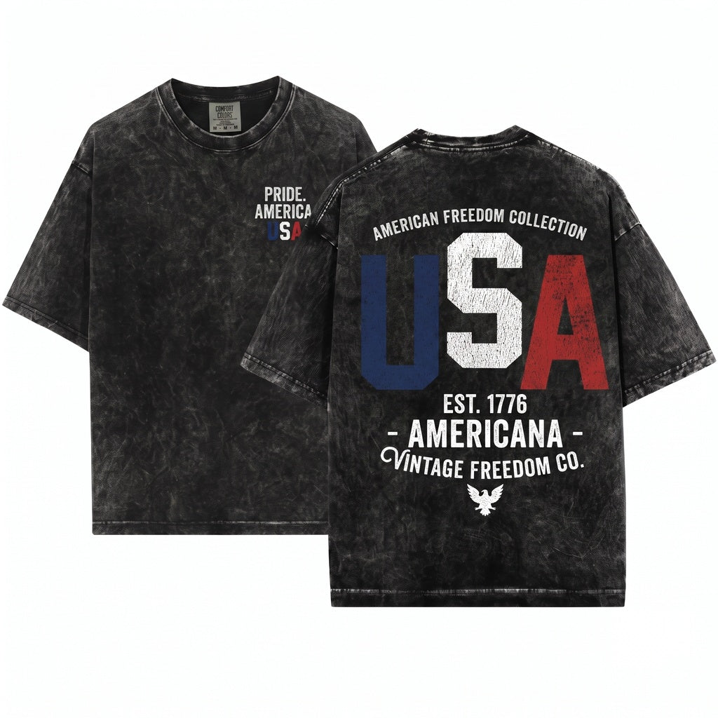 Retro Vintage Patriotic USA Graphic American Flag America Unisex Wash T-Shirt