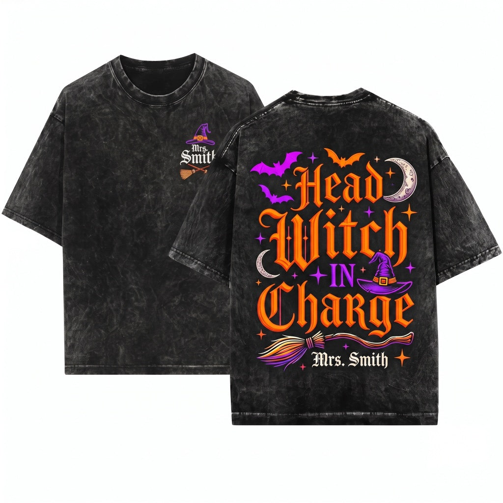 Customized Teacher Halloween Embroidered Witch Hat Broom Spooky School Sweatshirt Unisex Wash T-Shirt