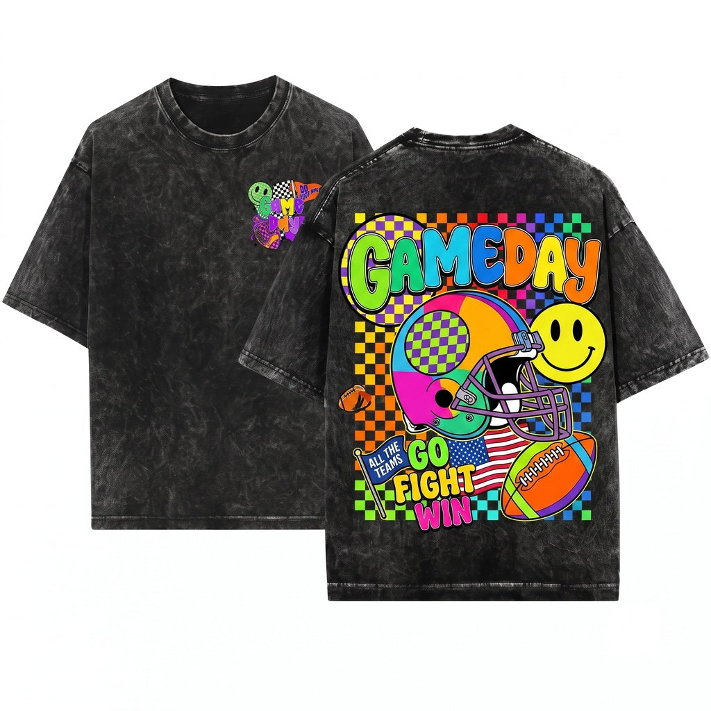 Retro Smiley Face Football Mascot Game Day Touchdown Coquette Custom Colors Unisex Wash T-Shirt