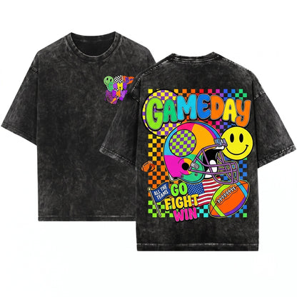 Retro Smiley Face Football Mascot Game Day Touchdown Coquette Custom Colors Unisex Wash T-Shirt