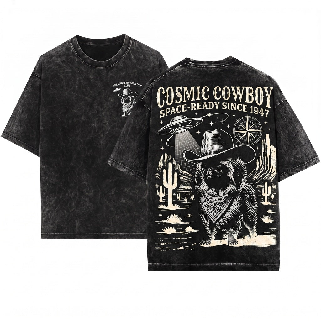 Vintage Pekingese UFO Western Cowboy Retro Alien Dog Owner Gift Unisex Wash T-Shirt