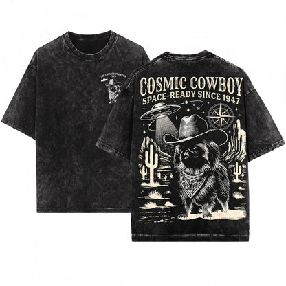 Vintage Pekingese UFO Western Cowboy Retro Alien Dog Owner Gift Unisex Wash T-Shirt