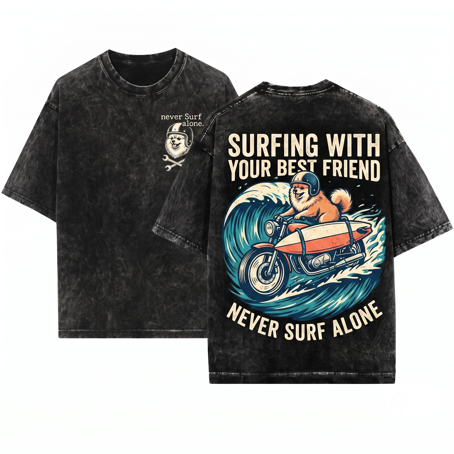 Surf Pomeranian Graphic Tee - Retro Bike Surfer Dog Vintage Mom Dad Gift Unisex Heavyweight Garment-Dyed T-Shirt