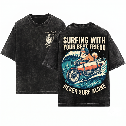 Surf Pomeranian Graphic Tee - Retro Bike Surfer Dog Vintage Mom Dad Gift Unisex Heavyweight Garment-Dyed T-Shirt