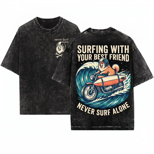 Surf Pomeranian Graphic Tee - Retro Bike Surfer Dog Vintage Mom Dad Gift Unisex Heavyweight Garment-Dyed T-Shirt