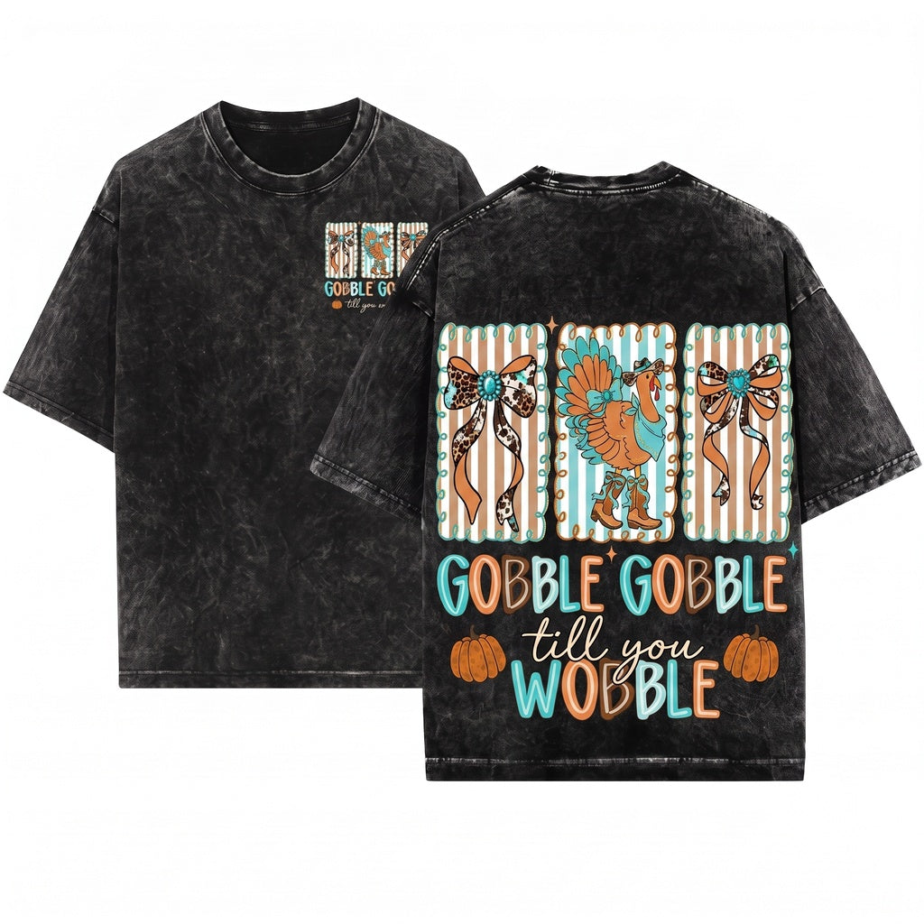 Western Thanksgiving Turkey Howdy Gobble Coquette Cow Print Fall Png Unisex Wash T-Shirt