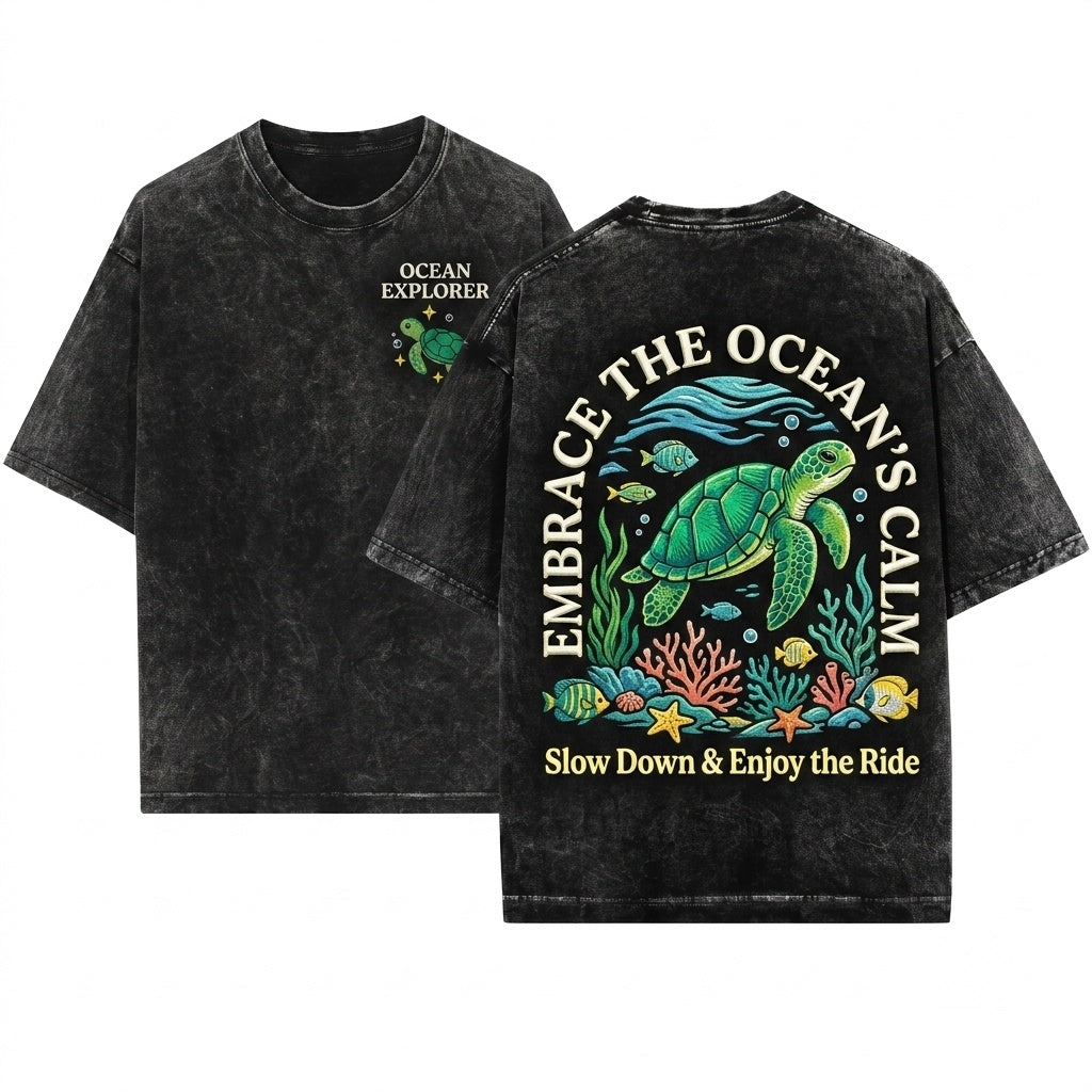 Sea Turtle Embroidered Ocean Animal Comfort Graphic Unisex Wash T-Shirt