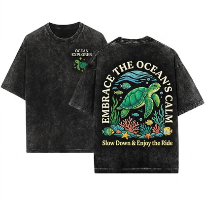 Sea Turtle Embroidered Ocean Animal Comfort Graphic Unisex Wash T-Shirt