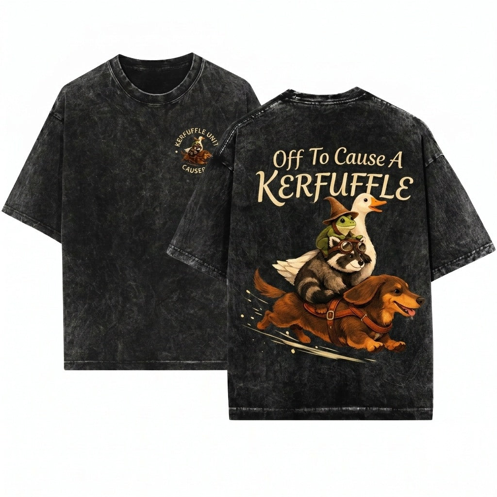 Off to Cause a Kerfuffle Funny Meme Animal Dachshund Frog Raccoon Silly Goose Graphic Unisex Wash T-Shirt
