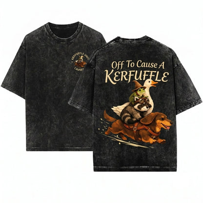 Off to Cause a Kerfuffle Funny Meme Animal Dachshund Frog Raccoon Silly Goose Graphic Unisex Wash T-Shirt