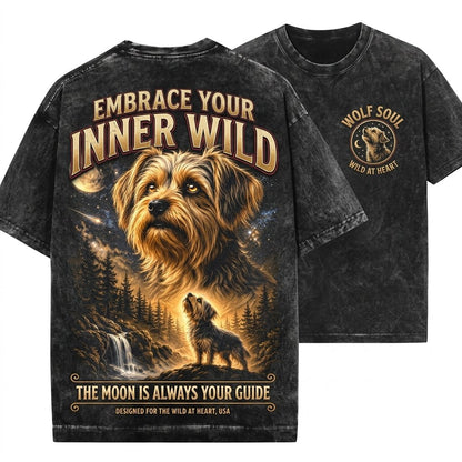 Yorkie Howling Moon Vintage 90s Retro Animal Graphic Mom Gift Full Floppy Ears Unisex Wash T-Shirt