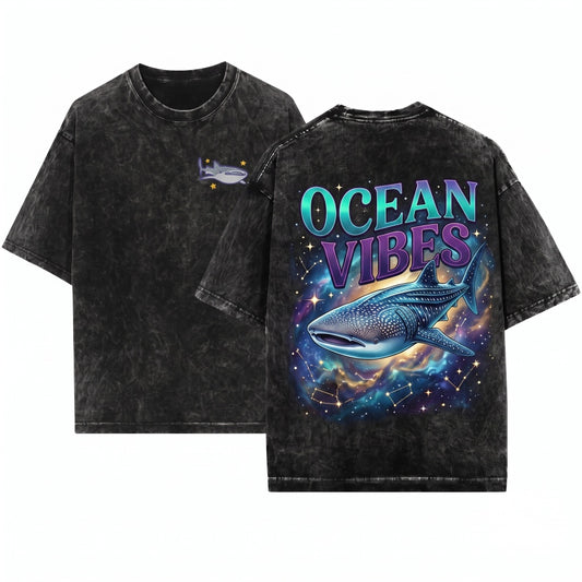 Whale Shark Cute Ocean Animal Summer Beach Embroidered Unisex Wash T-Shirt