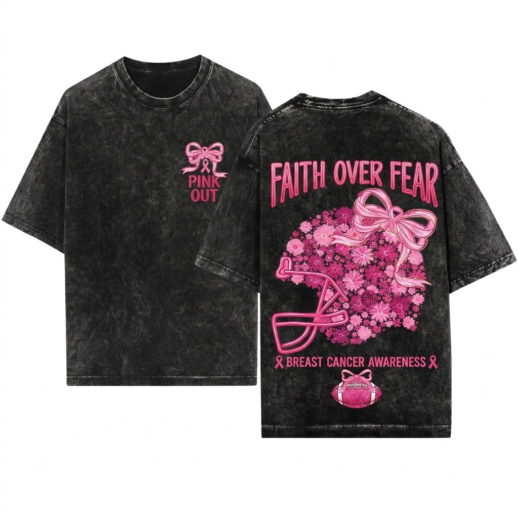 Preppy Pink Out Breast Cancer Awareness Faith Over Fear Floral Football Tackle Game Day Unisex Wash T-Shirt