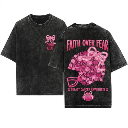 Preppy Pink Out Breast Cancer Awareness Faith Over Fear Floral Football Tackle Game Day Unisex Wash T-Shirt