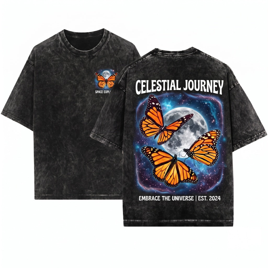 Three Monarch Butterfly Moon Galaxy Insect Nature Lover Cute Cozy Gift Unisex Wash T-Shirt