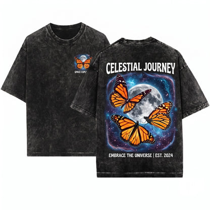 Three Monarch Butterfly Moon Galaxy Insect Nature Lover Cute Cozy Gift Unisex Wash T-Shirt