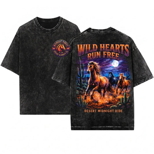 Wild Horses Vintage 90s Graphic Retro Moonlit Running Apparel Unisex Wash T-Shirt