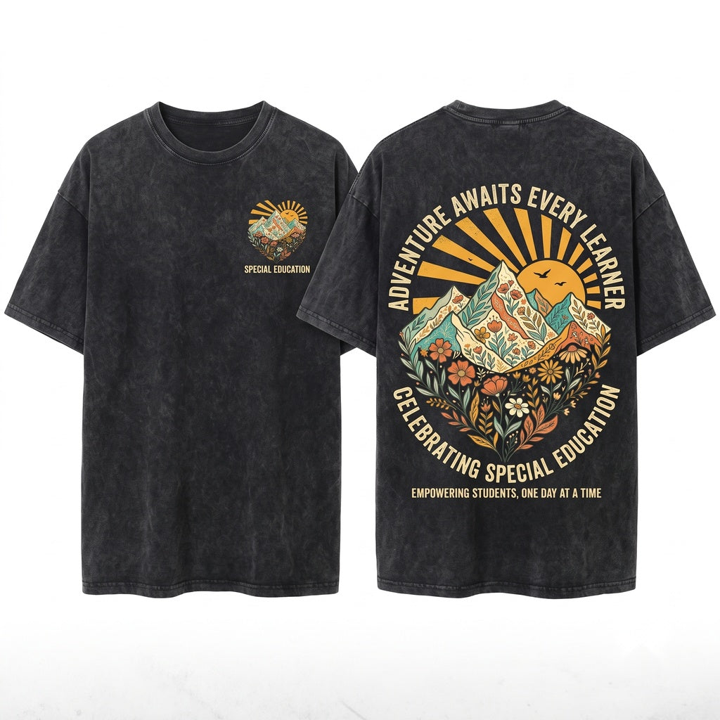Adventure Awaits SPED Teacher Special Education Camping Unisex Wash T-Shirt