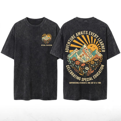 Adventure Awaits SPED Teacher Special Education Camping Unisex Wash T-Shirt