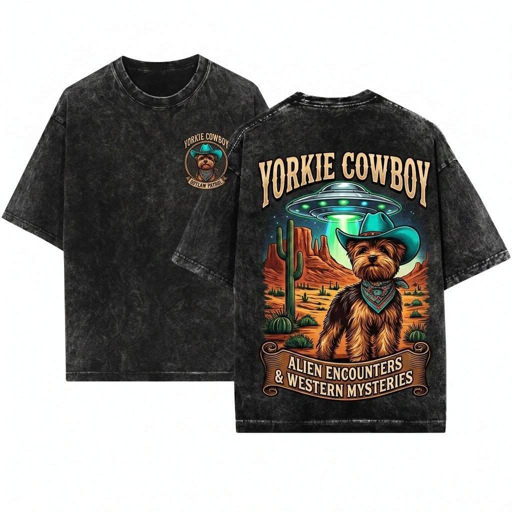 UFO Biewer Yorkie Cowboy Terrier Ranch Country Western Gift Dog Mom Dad Apparel Unisex Wash T-Shirt